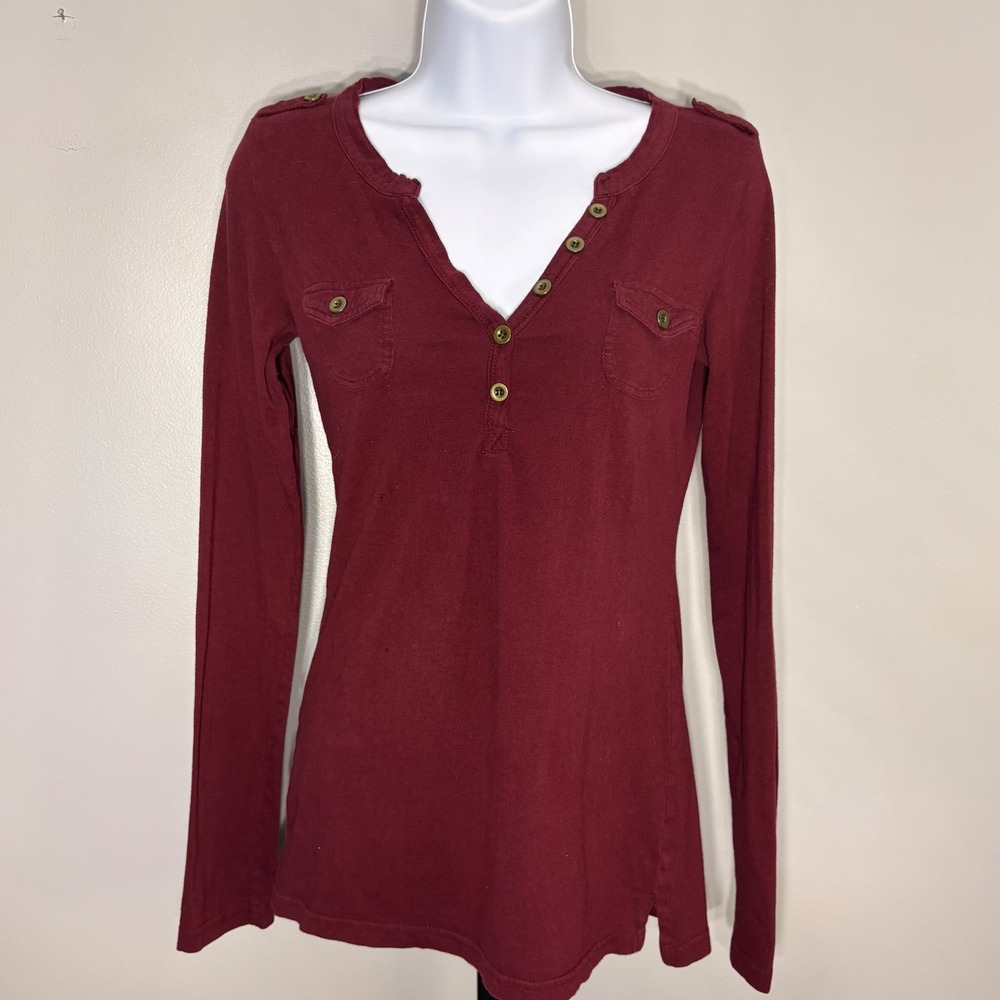 Color Story Womens Burgundy Henley Long Sleeve Top Military Style Maroon Large
